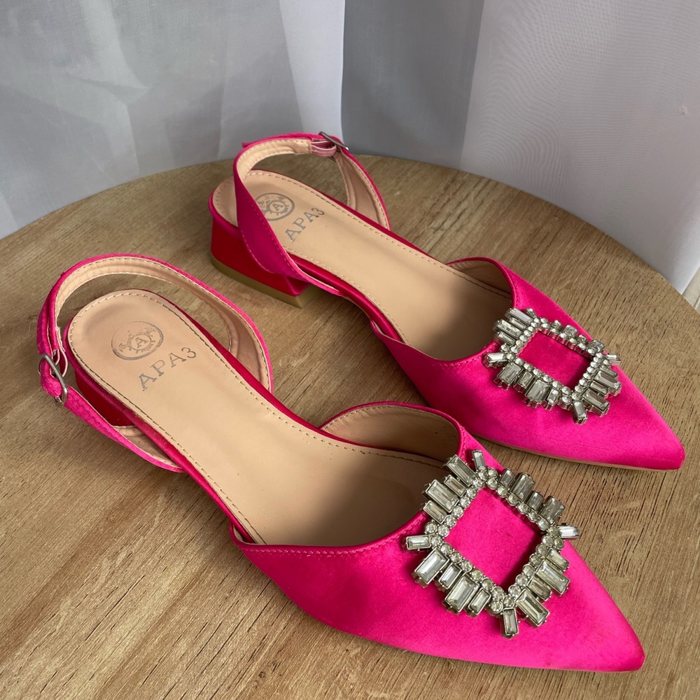 Vibrant Pink Fuchsia Satin Slingback Flats with Embellished Buckle size 8